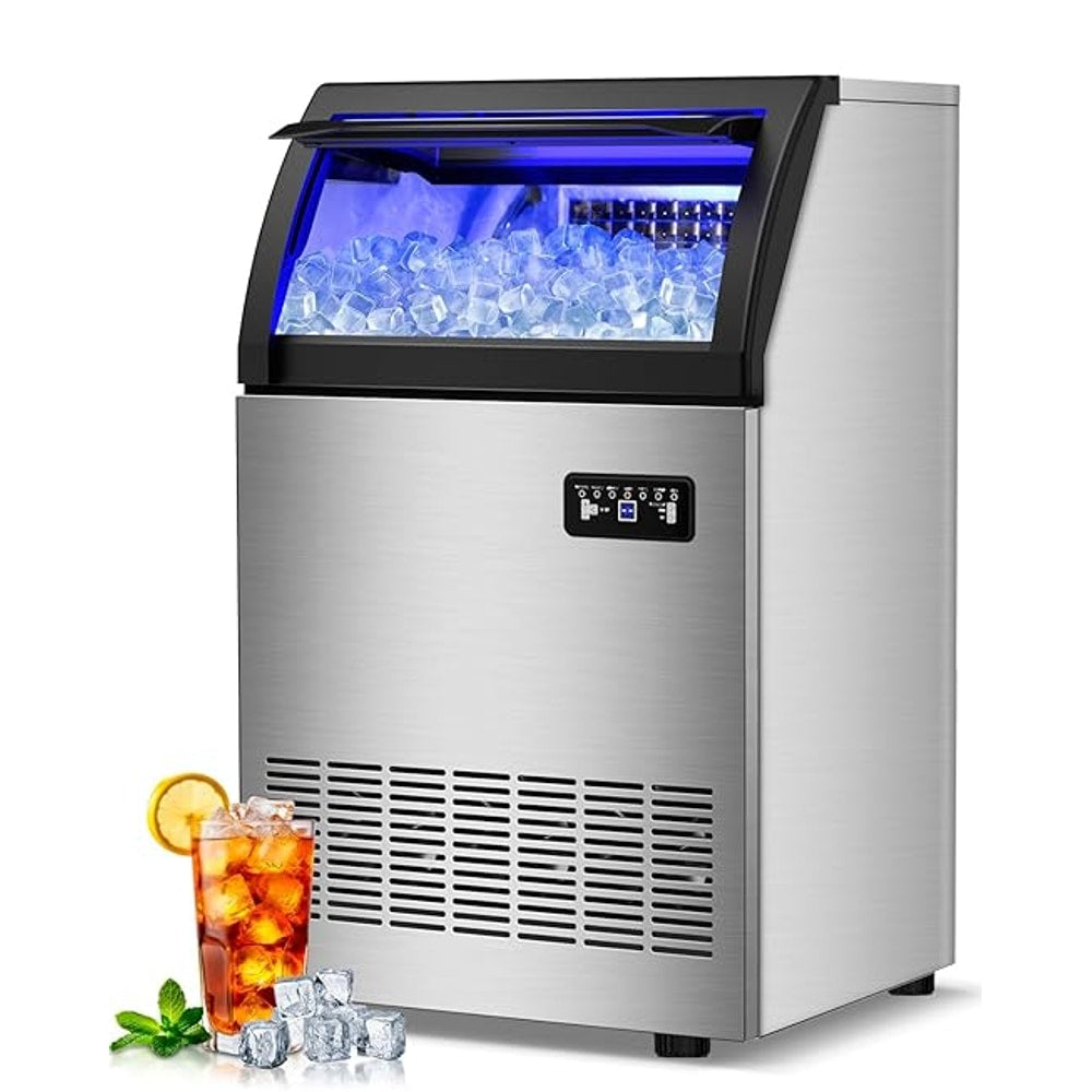 220LBS Commercial Ice Maker Machine - 72PCS Ice Cubes per Round, Undercounter/Freestanding Ice Machine, 55LBS Ice Storage Capacity for Home Bar and Outdoor, Stainless Steel Self-Cleaning