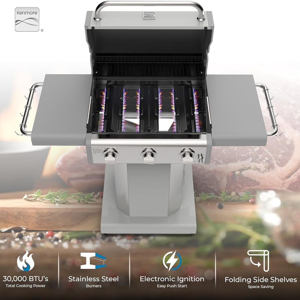Kenmore 3-Burner Propane BBQ Grill, 30,000 BTUs Gas Grill with Cast Iron Cooking Grates, Folding Side Tables & Wheels, Outdoor Grill with Tool Hooks, Pearl White + Bonus Cover