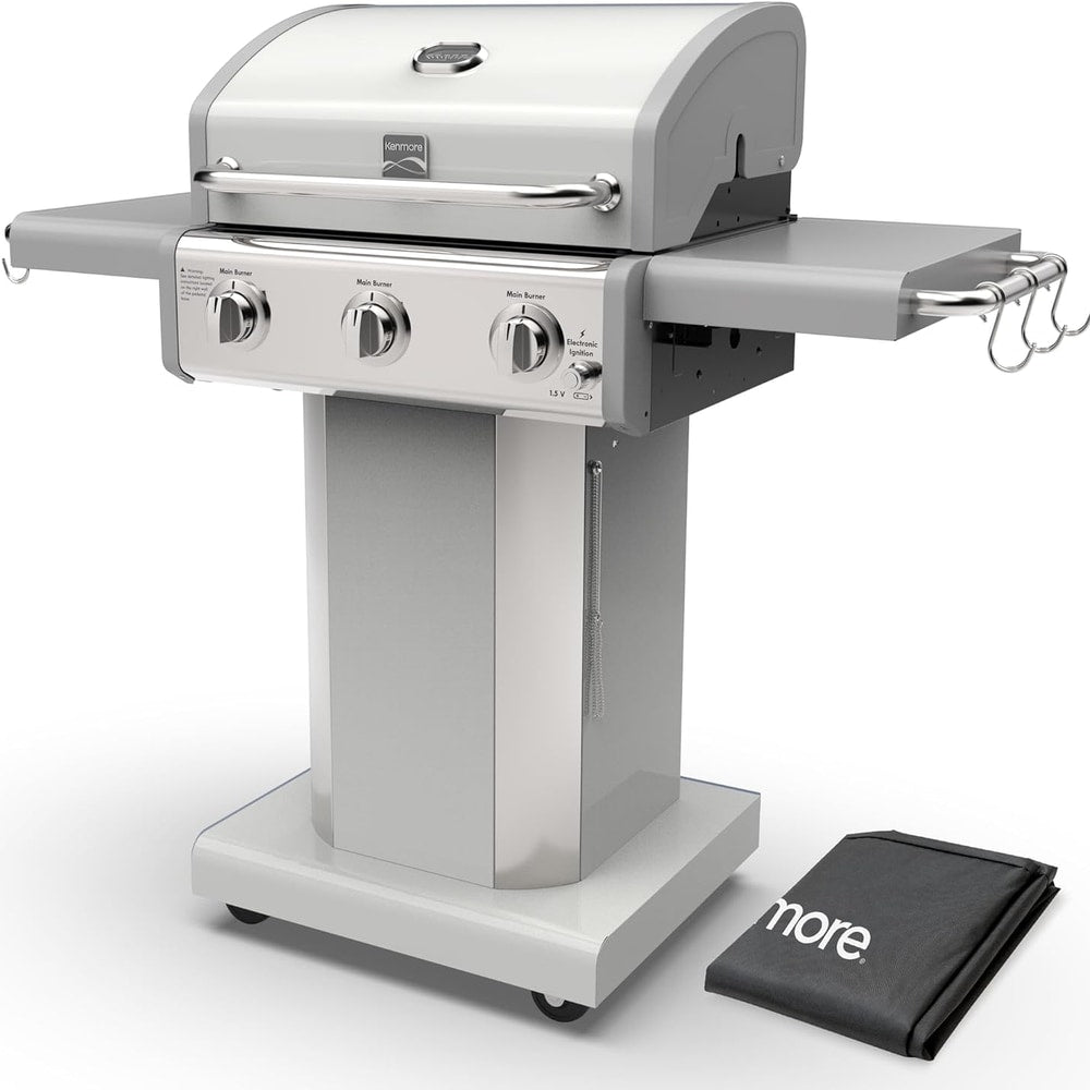 Kenmore 3-Burner Propane BBQ Grill, 30,000 BTUs Gas Grill with Cast Iron Cooking Grates, Folding Side Tables & Wheels, Outdoor Grill with Tool Hooks, Pearl White + Bonus Cover