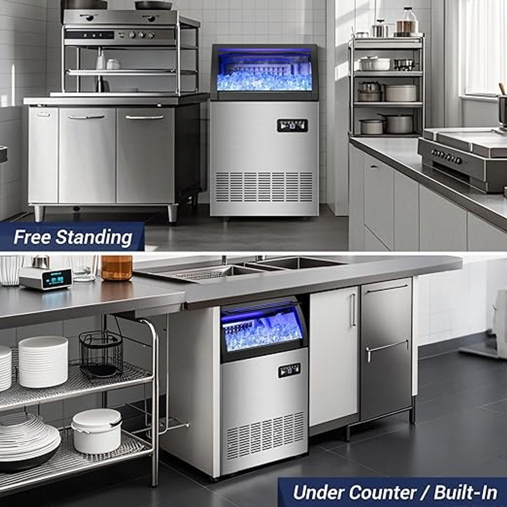 220LBS Commercial Ice Maker Machine - 72PCS Ice Cubes per Round, Undercounter/Freestanding Ice Machine, 55LBS Ice Storage Capacity for Home Bar and Outdoor, Stainless Steel Self-Cleaning