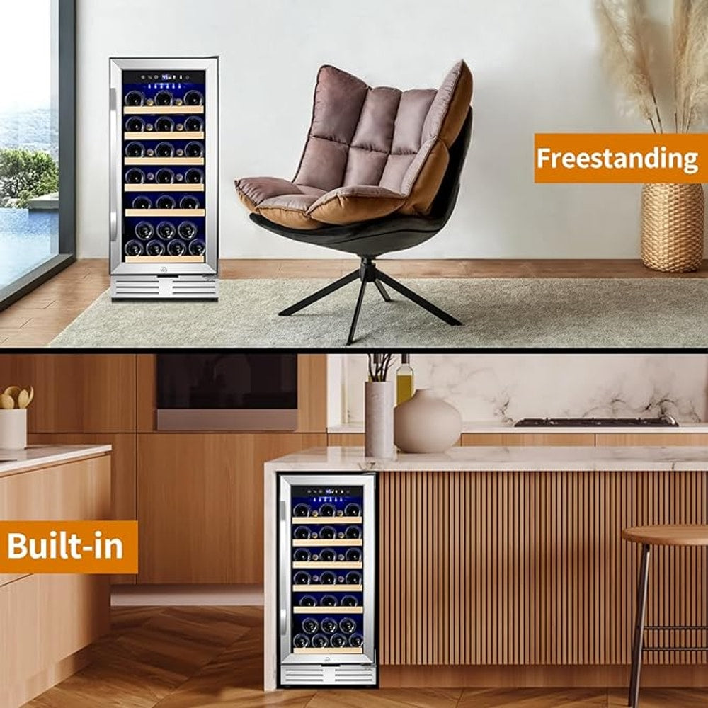 15 Inch Wine Fridge 32 Bottles Wine Cooler Refrigerator Undercounter Wine Fridge with Glass Door, LED Light, Removable Wooden Shelves, Built-in or Freestanding Wine Refrigerator for Home Office Bar