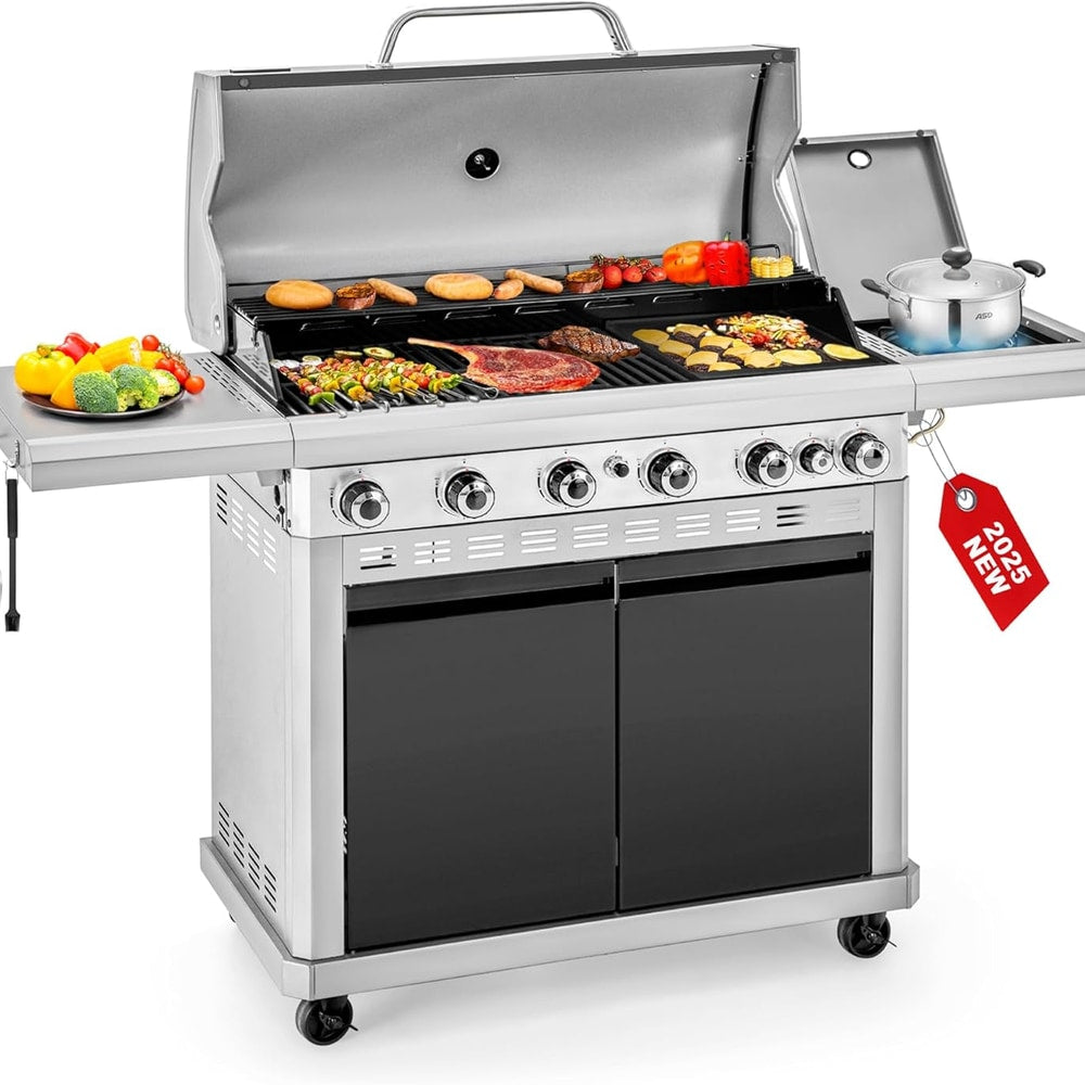 2 in 1 Propane Griddle Grill Combo, 6-Burner Propane Gas BBQ Combo Grill with Porcelain-Enameled Cast Iron Grates & Plate, 42,000 BTU with Side Stove for Outdoor Cooking Camping Patio Backyard