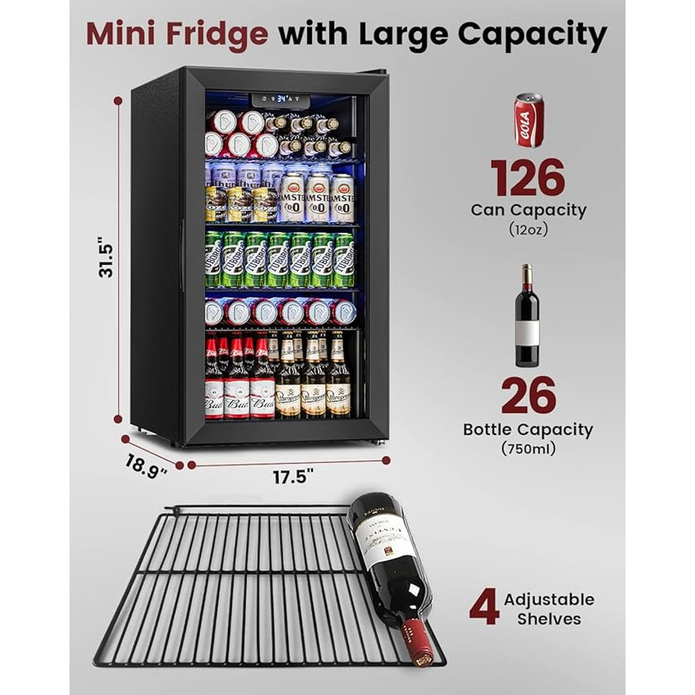 Wine Cooler Refrigerator - 26 Bottle 126 Can Mini Wine Fridge with Glass Door for Beer Soda Water Drink, Small Wine Cellar Beverage Refrigerator for Bedroom Office Home Bar Dorm, 3.2 Cu.Ft