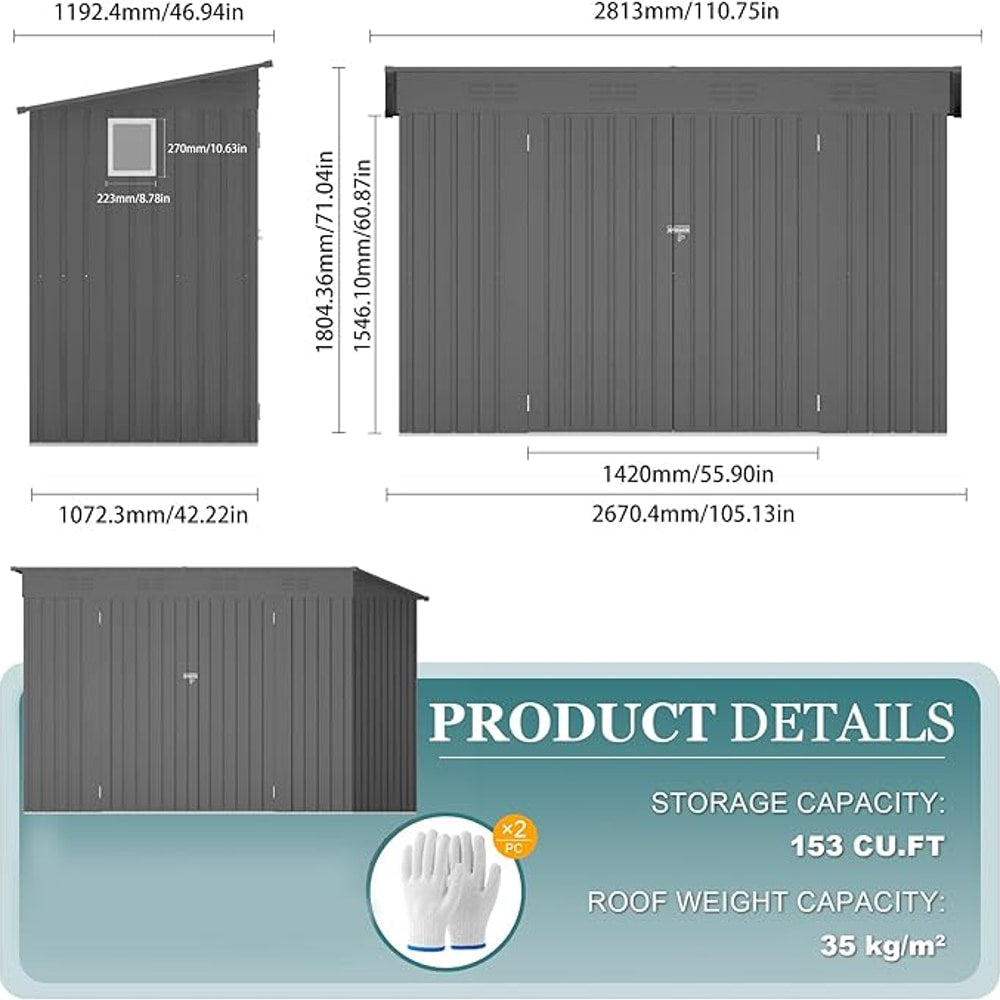 4 * 9.2 * 6 FT Outdoor Storage Shed, Galvanized Steel Garden Shed with Lockable Door & Window, Waterproof Metal Tool Storage for Garden, Backyard, Patio, Lawn(Gray)