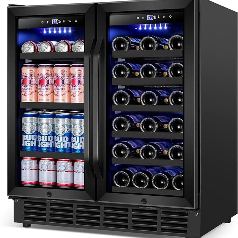 30 Inch Wine and Beverage Refrigerator, Upgrade Dual Zone Wine Cooler, 30'' Wine beverage Fridge Built in or Freestanding Under Counter Large Capacity Glass Door Advanced Cooling System,Black