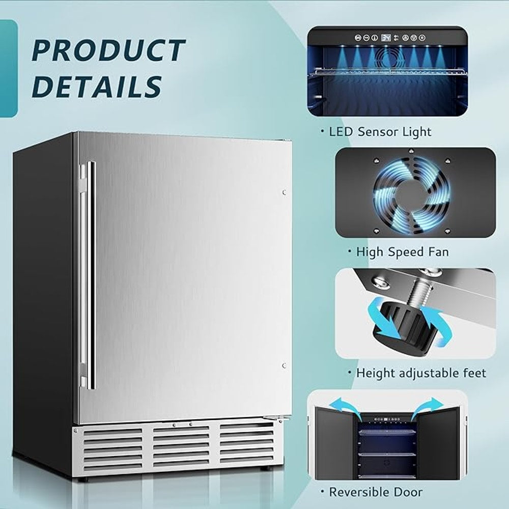 EUHOMY 24 Inch Beverage Refrigerator, Built-in and Freestanding Beverage Cooler 180 Can, Under Counter Beverage Fridge with Stainless Steel Door, Outdoor Refrigerator for Soda, Beer, Wine