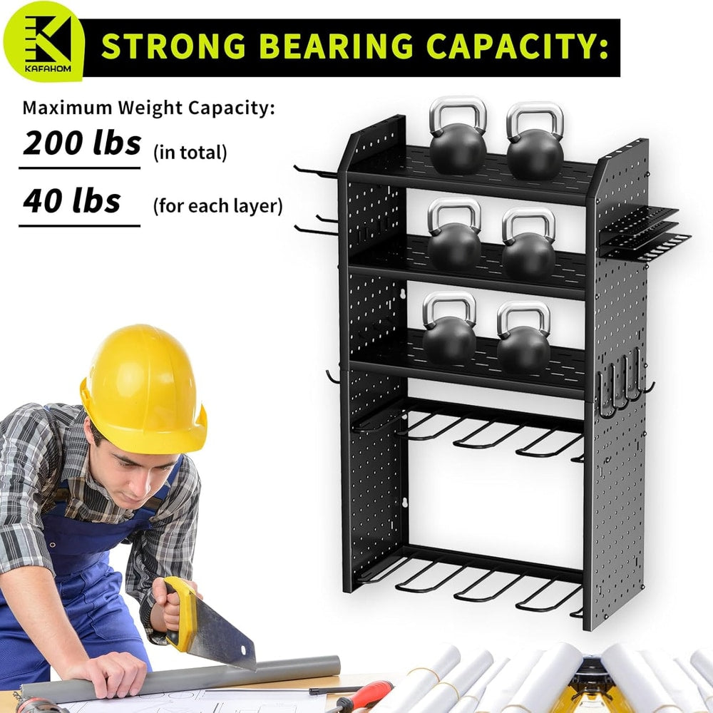 KAFAHOM Power Tool Organizer,Large 8 Drill Holder Wall Mount with 2 Side Pegboards,5 Layer Metal Tool Storage Rack with 12 Hooks,Tool Shelf for Garage Organization,Utility Battery Shelves - Black
