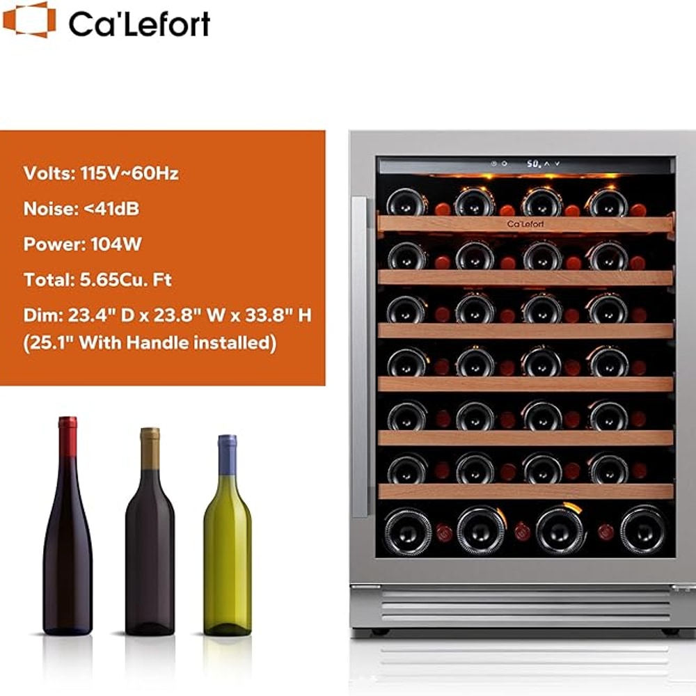 Ca'Lefort 24 Inch Wine Fridge, 54 Bottle Wine Cooler Refrigerator, 40-65°F Wine Refrigerator Glass Door, 3 LED Wine Fridge, Built-in or Freestanding Wine Fridge for Home/Bar/Kitchen (5.65 cu.ft)