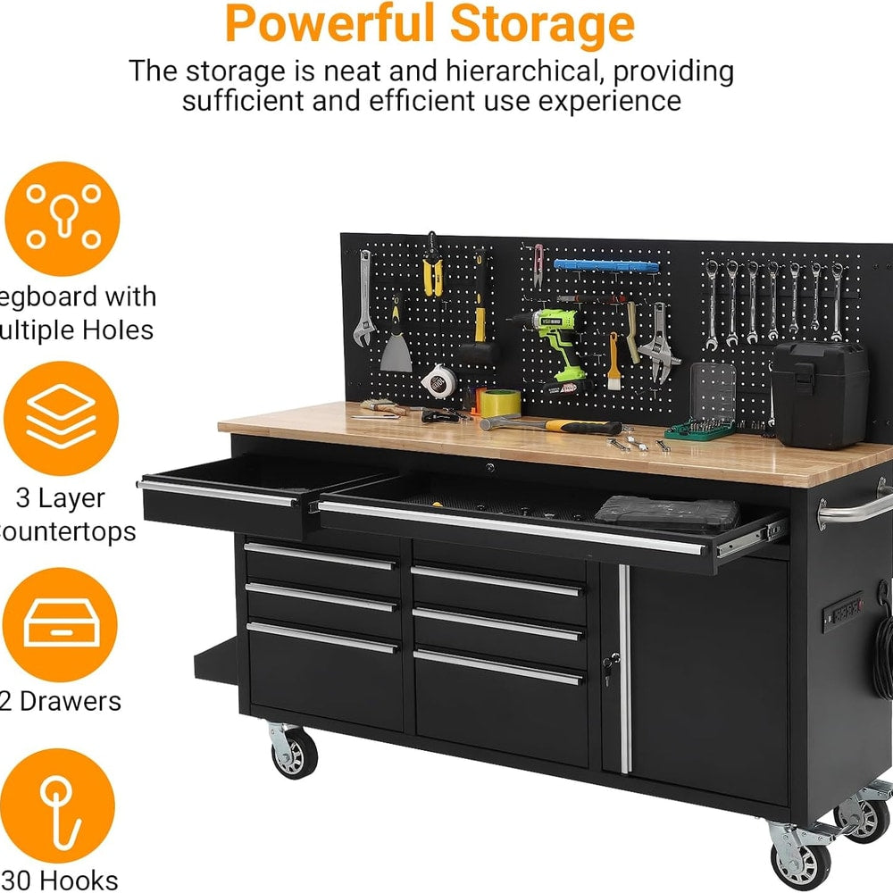 Heavy Duty 61" Tool Chest Cabinet, Mobile Garage Workbench with 10 Drawers and Power Strip, Rubber Wood Worktop, 1675 LBS Load, Rolling Tool Storage Organizer for Mechanic, Shop or Home Use
