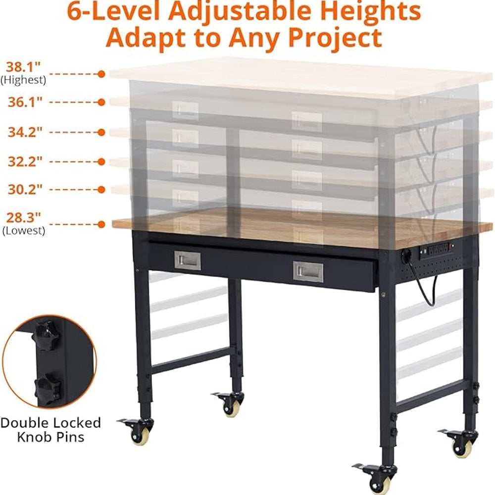 48x24 Inch Heavy-Duty Adjustable Workbench with Rubber Wood Top – 2000LB Capacity Mobile Garage Workstation with Drawer, Ideal for Workshop, DIY & Tool Storage