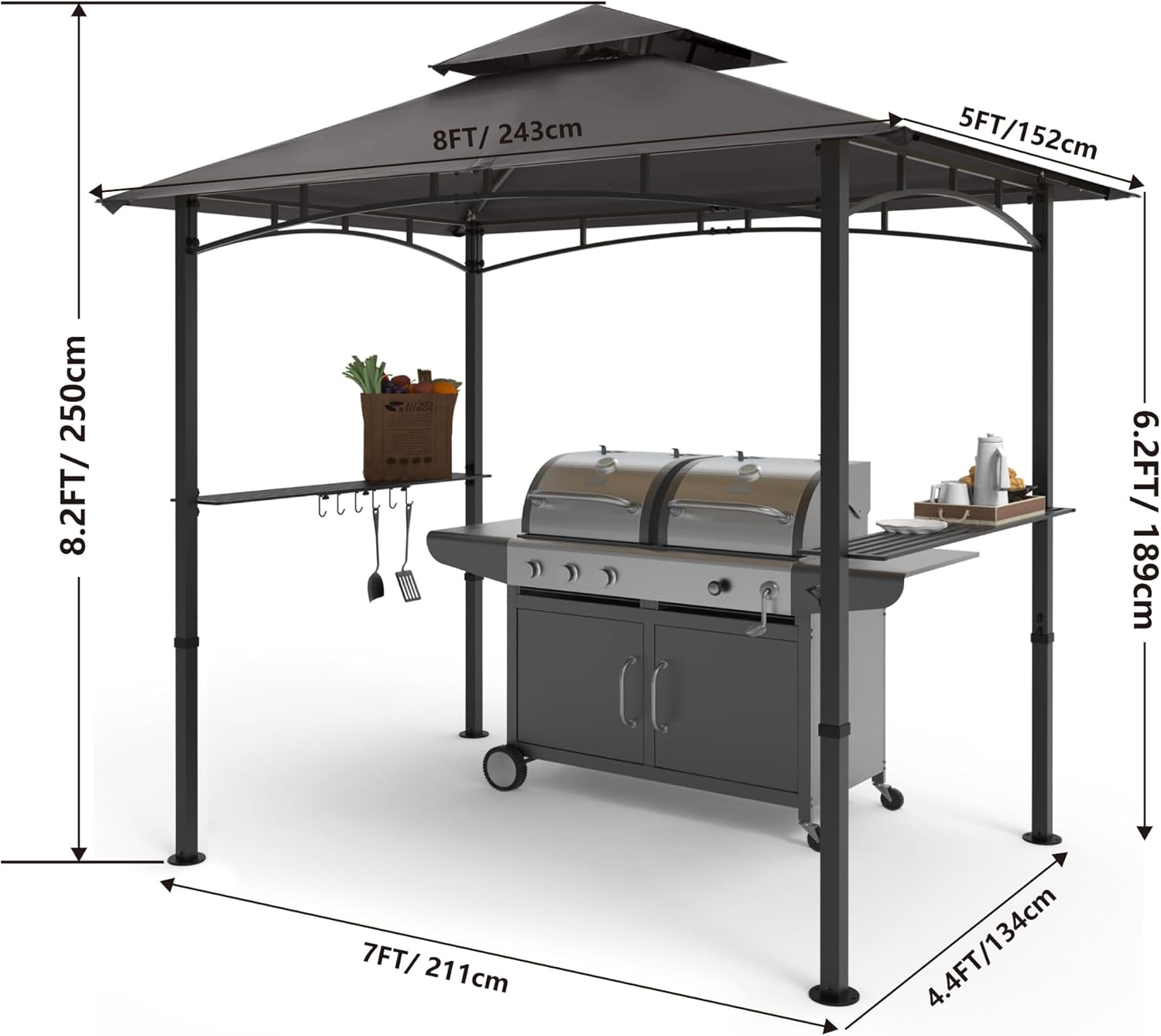 COOSHADE 8'x 5' Grill Gazebo Double Tiered Outdoor BBQ Gazebo Canopy with LED Light (Gray)