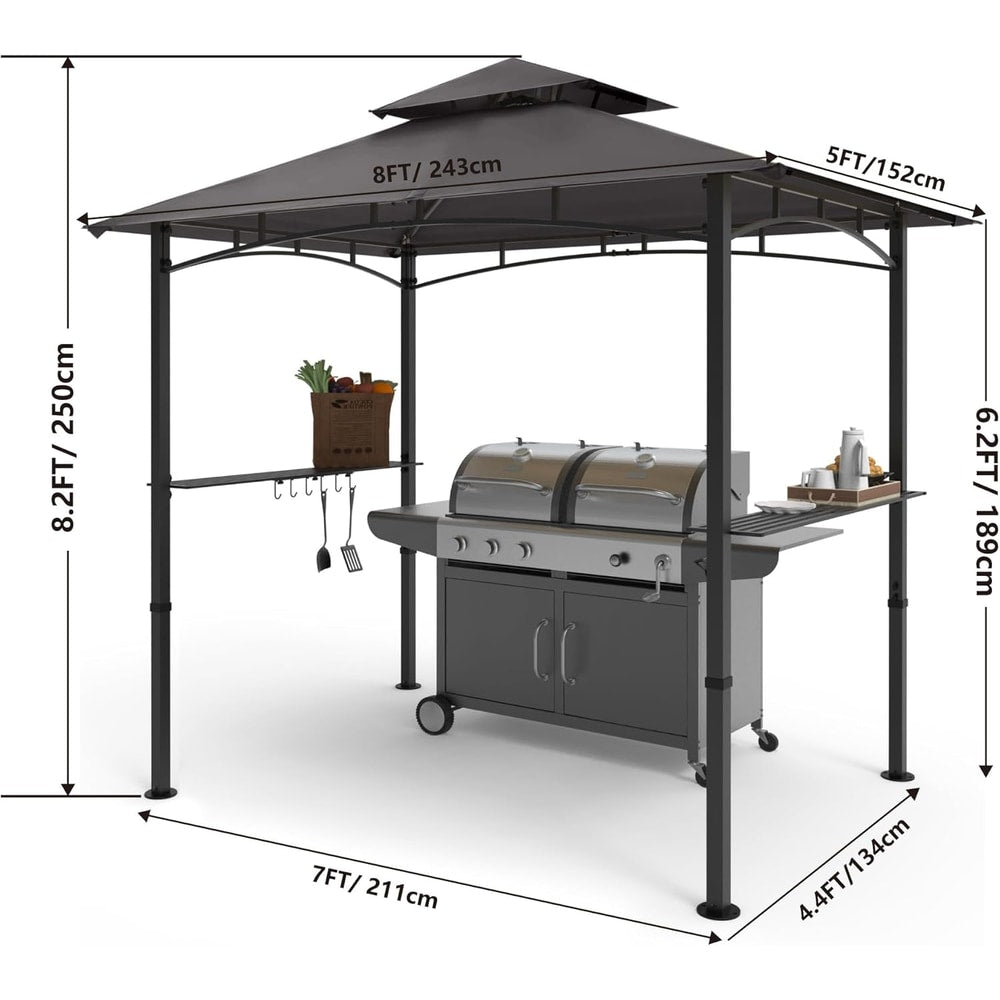COOSHADE 8'x 5' Grill Gazebo Double Tiered Outdoor BBQ Gazebo Canopy with LED Light (Gray)
