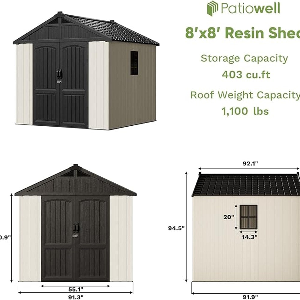 Patiowell 8 x 8 FT Plastic Outdoor Storage Shed with Floor, Resin Shed with Window and Lockable Door for Garden, Backyard, Tool Storage Use, Easy to Install in Beige (Kick-it Shed)