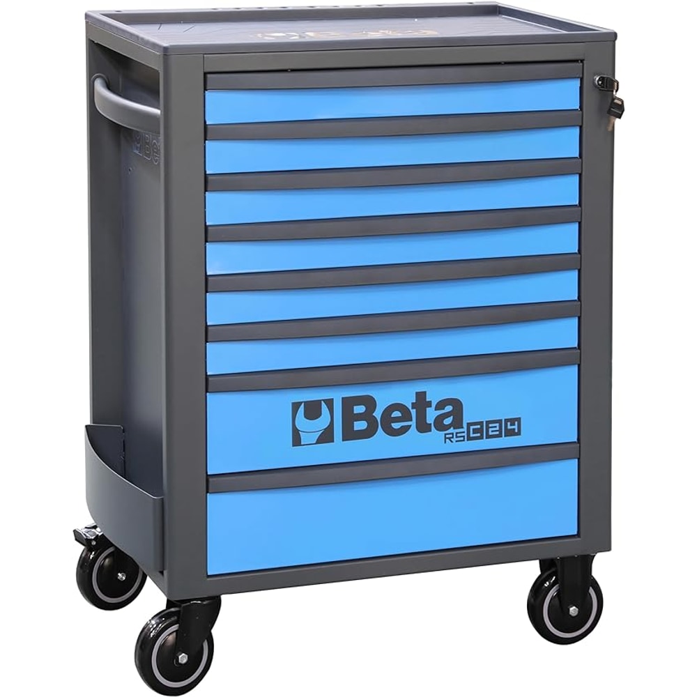 Beta RSC24 Heavy Duty Rolling Tool Cabinet, 8 Drawers, Blue, Ball Bearing Slides, Rubber Mat Liners, 5" Casters, Anti-Fall Edge Worktop, 1760 lbs Load Capacity, Made in Italy