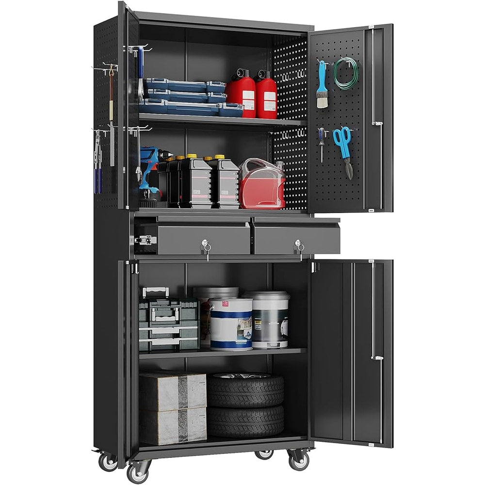 Metal Garage Storage Cabinet with Locking Doors and 2 Adjustable Shelves, Rolling Tool Storage Cabinet with 4 Wheels and 2 Drawer for Garage, Warehouse, Black, Assembly Required