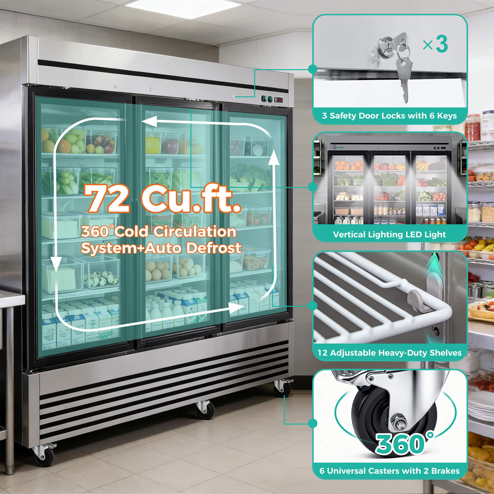 72 Cu.Ft Triple-Door Stainless Steel Commercial Reach-In Display Refrigerator