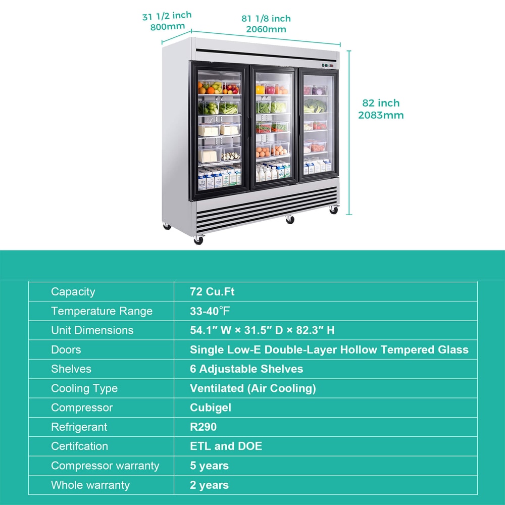 72 Cu.Ft Triple-Door Stainless Steel Commercial Reach-In Display Refrigerator