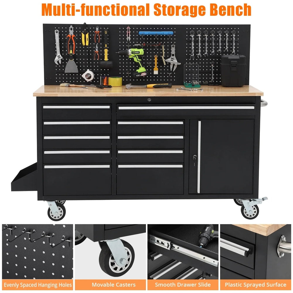 61" Rolling Tool Chest, 10 Drawers Garage Workbench Storage Tool Cabinet with Power Station, Rubber Wood Top, 1675 LBS Load Mobile Workstation, Heavy Duty Cabinet on Wheels