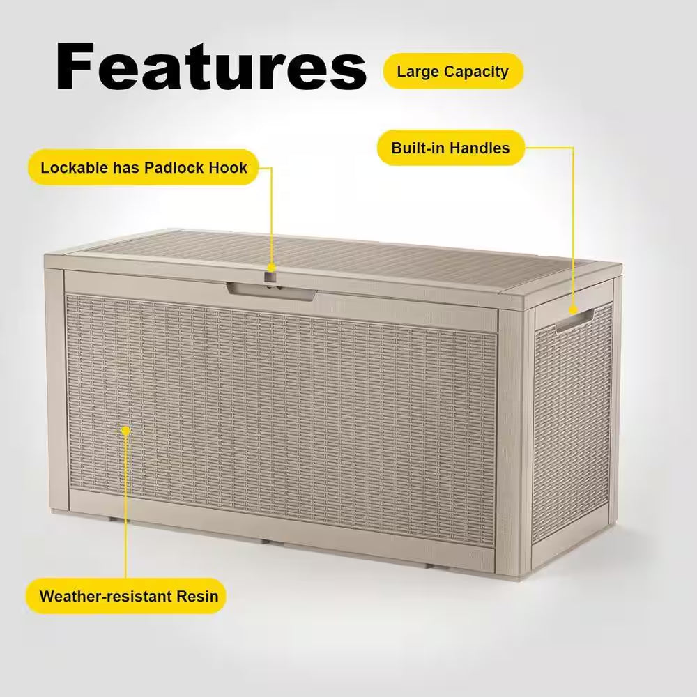 100 Gal. Outdoor Deck Box, Waterproof Lockable Resin Storage Container for outside Cushions, Garden Tools, Taupe