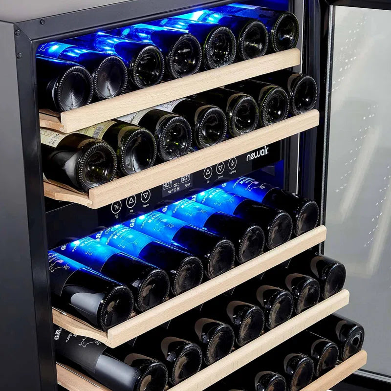 24” Built-In 46 Bottle Dual Zone Wine Cooler with Removable Beechwood Shelves in Black Stainless Steel
