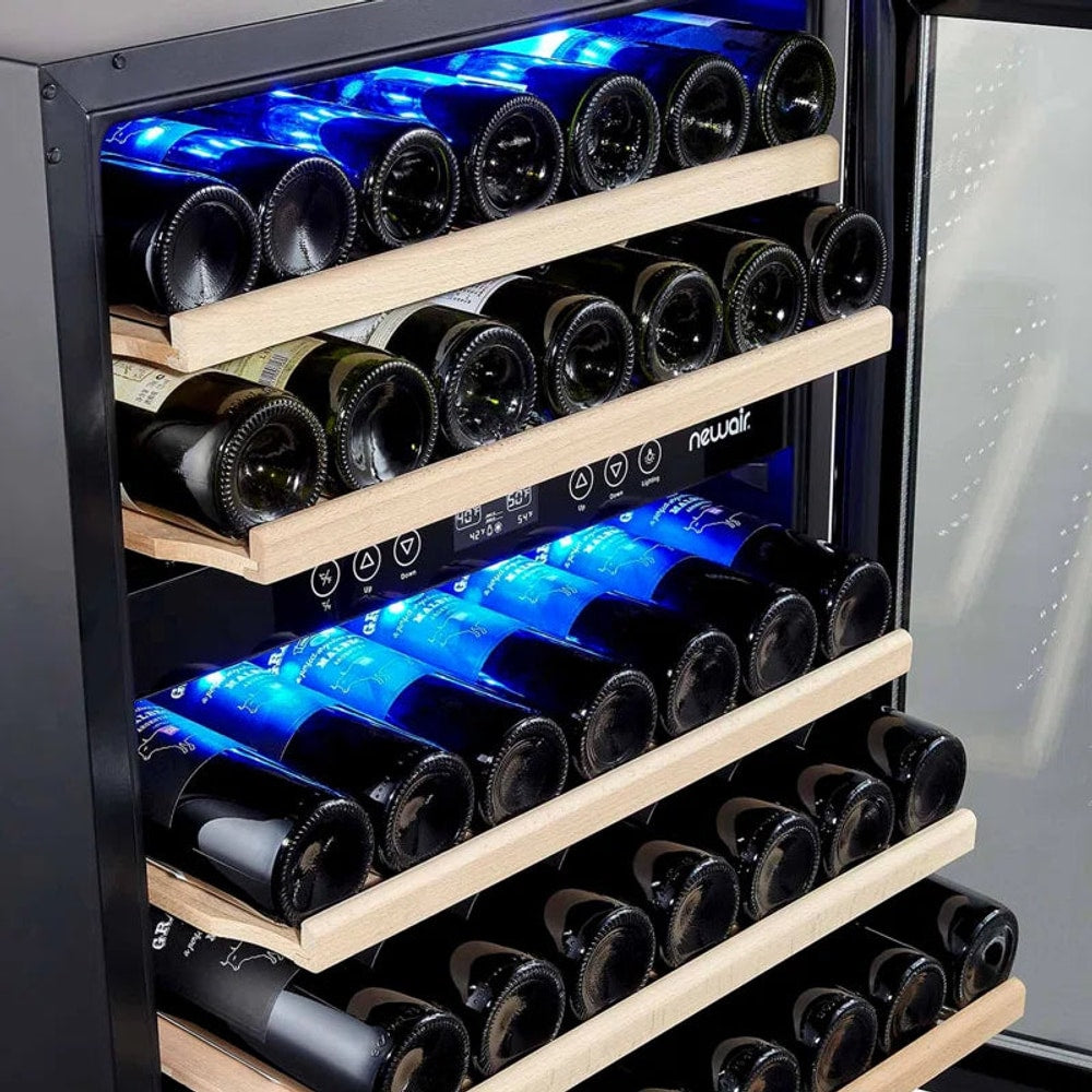 24” Built-In 46 Bottle Dual Zone Wine Cooler with Removable Beechwood Shelves in Black Stainless Steel