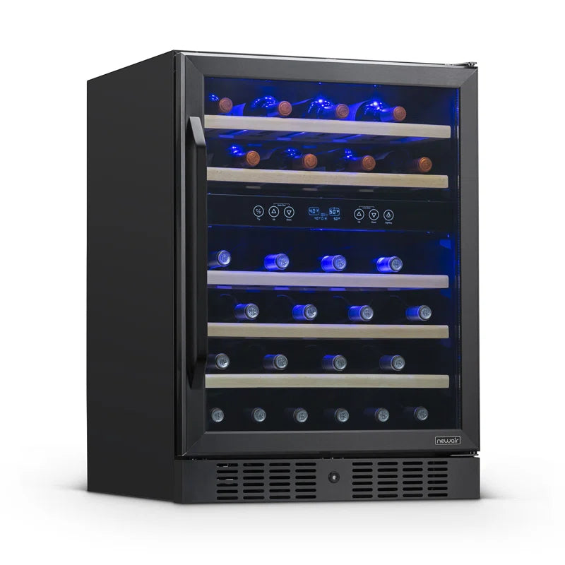 24” Built-In 46 Bottle Dual Zone Wine Cooler with Removable Beechwood Shelves in Black Stainless Steel