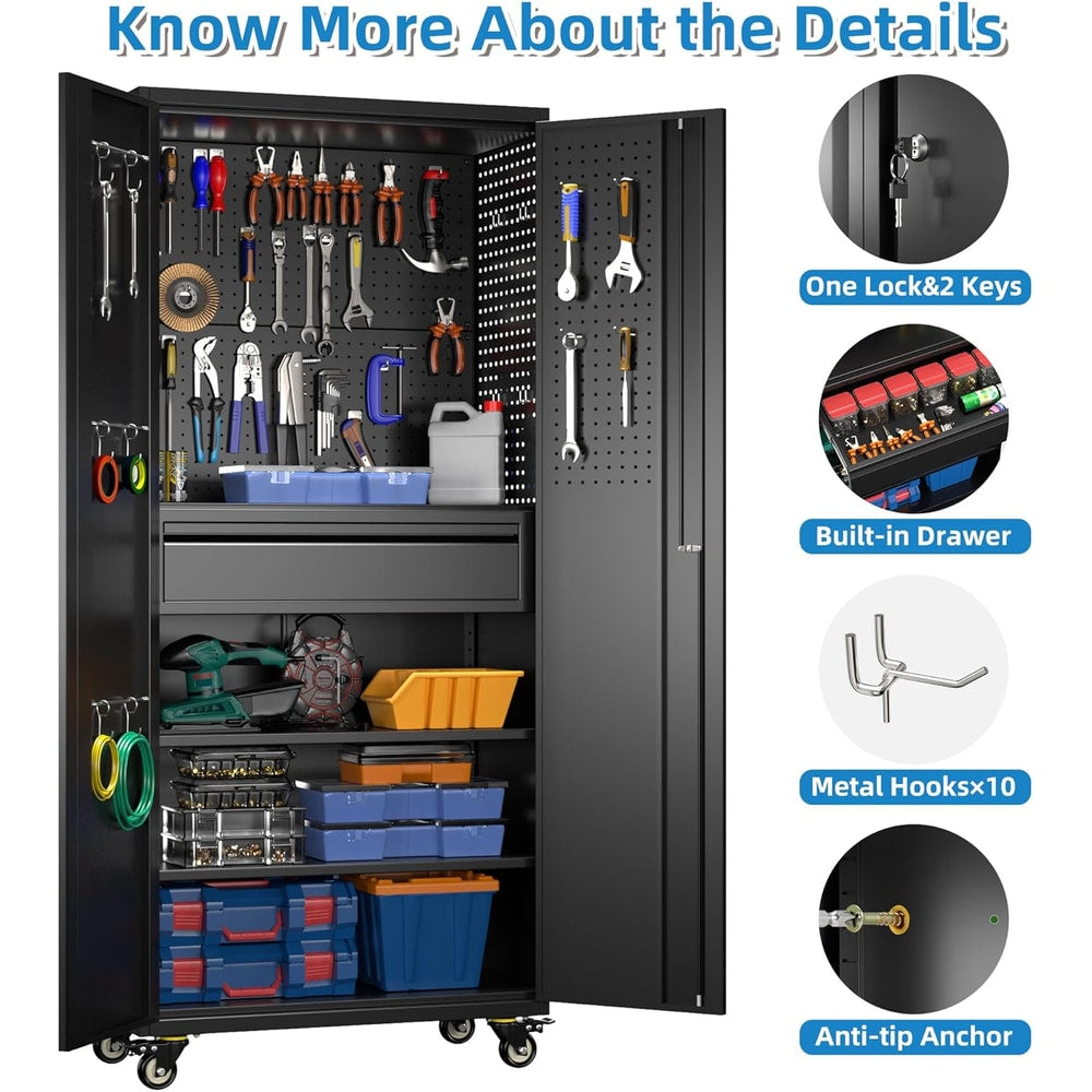 71" H Metal Garage Storage Cabinet with Locking Doors and 2 Adjustable Shelves, Rolling Tool Storage Cabinet with Wheels, Drawer, Pegboard and 16 Hooks for Garage, Warehouse, Black