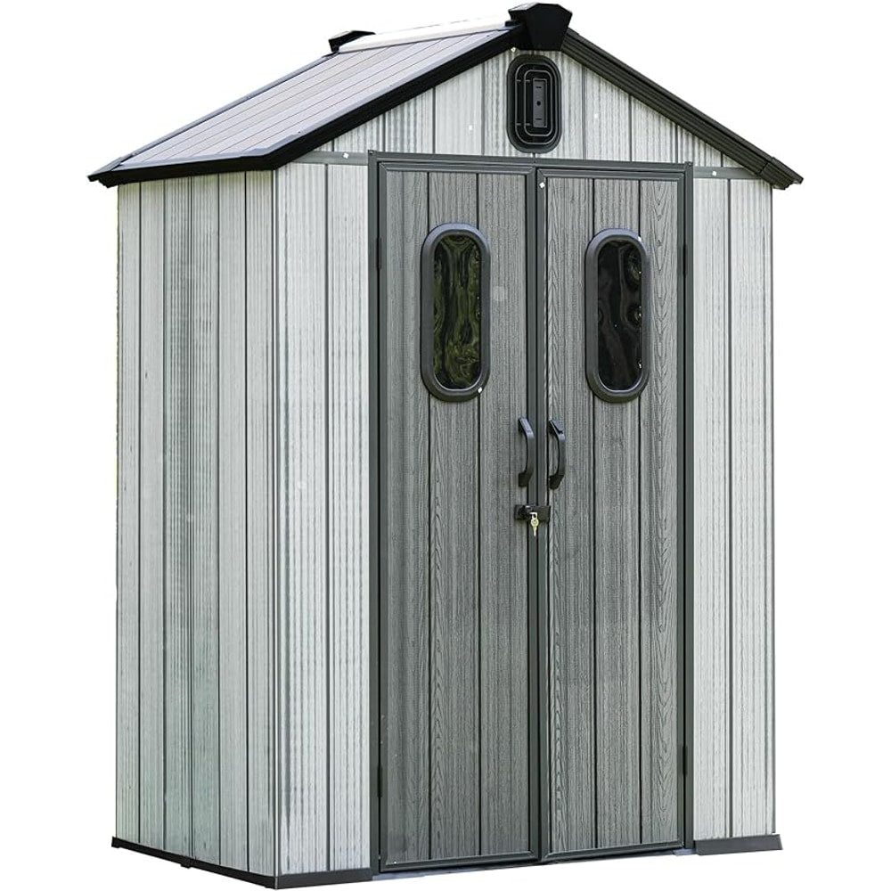 Domi 5x3 FT Outdoor Resin Storage Shed, All-Weather Double-Wall Storage Building for Backyard, Garden, Lawn Tools, Mower, Bike & Pool Equipment, Lockable Doors, Ventilated Roof, Grey