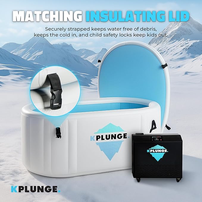 Kodiak 59" 1-Person Inflatable Cold Plunge Ice Bath or Hot Tub with 3/4 HP Chiller and Heater, PVC Insulated Lid, Hand Pump, Repair Kit, 110-Gallon Capacity, Indoor/Outdoor Tub ā Gray