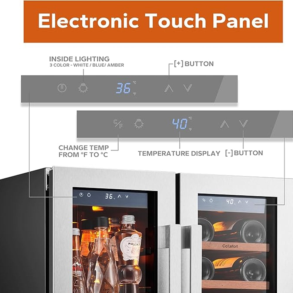 Ca'Lefort 24 Inch Wine and Beverage Refrigerator, 60 Can and 20 Bottle Wine Fridge 36-72°F, 3 LED Dual Zone Wine Cooler with Glass Door, Built-in Compressor Refrigerator for Home/Kitchen (4.10 cu.ft)