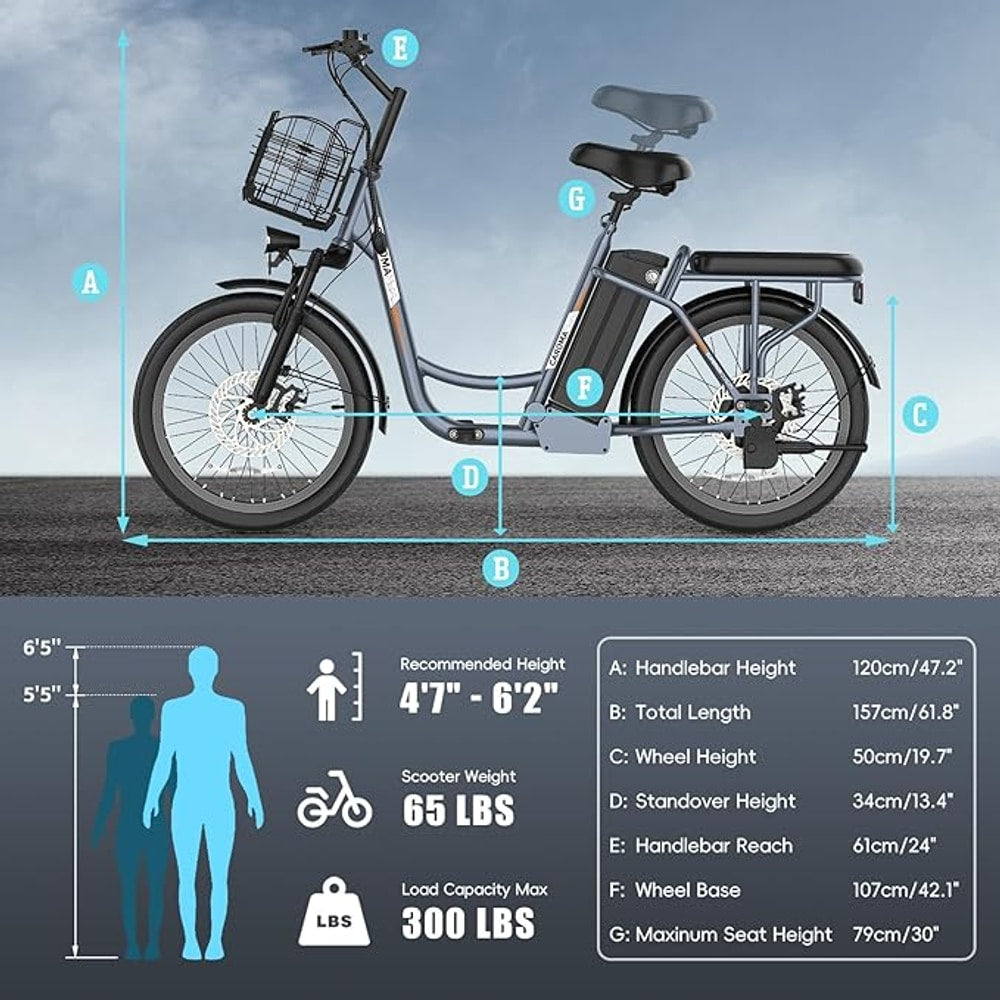 Caroma Electric Scooter with Seat, 48V Removable Battery E-Bike, Up to 30Miles&20MPH, 500/800/1200W Motor, 20" Fat Tire Adult Electric Bicycles for Commuting with Basket