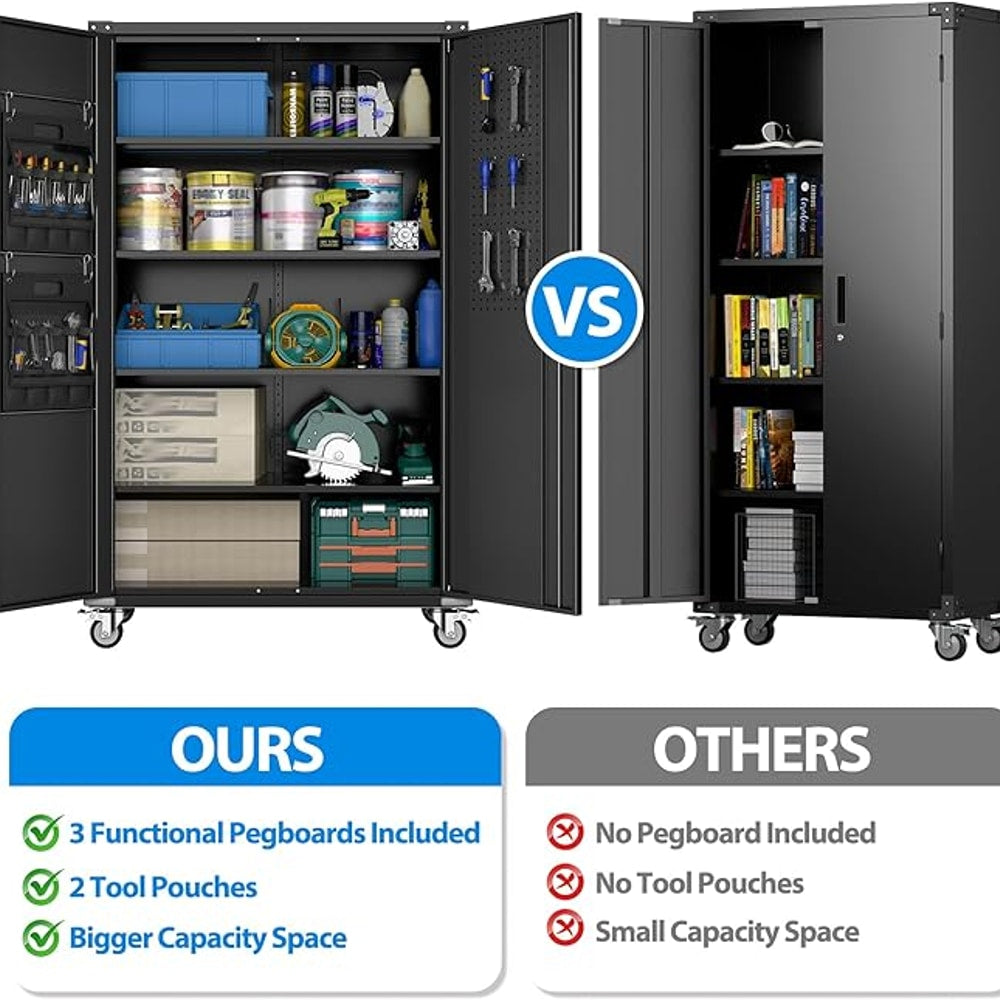 Upgraded Wide & Deep Extra Large Metal Storage Cabinet on Wheels,Lockable Garage Cabinets with 3 Pegboards,2 Tool Pouches for Garage,Office,Assembly Required,Black,43.3''W x 21.6''D x 72''H