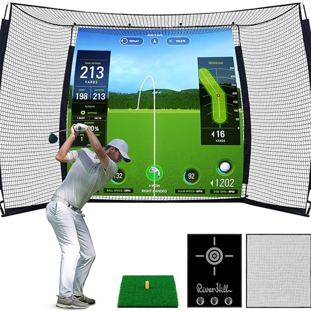 Golf Cage with Impact Screen, 10x8 Ft Golf Hitting Net w/Sound-Dampening Cloth, Practice Mat, Golf Simulator Enclosure, Indoor & Outdoor Driving Chipping Equipment for Home, Backyard & Garage