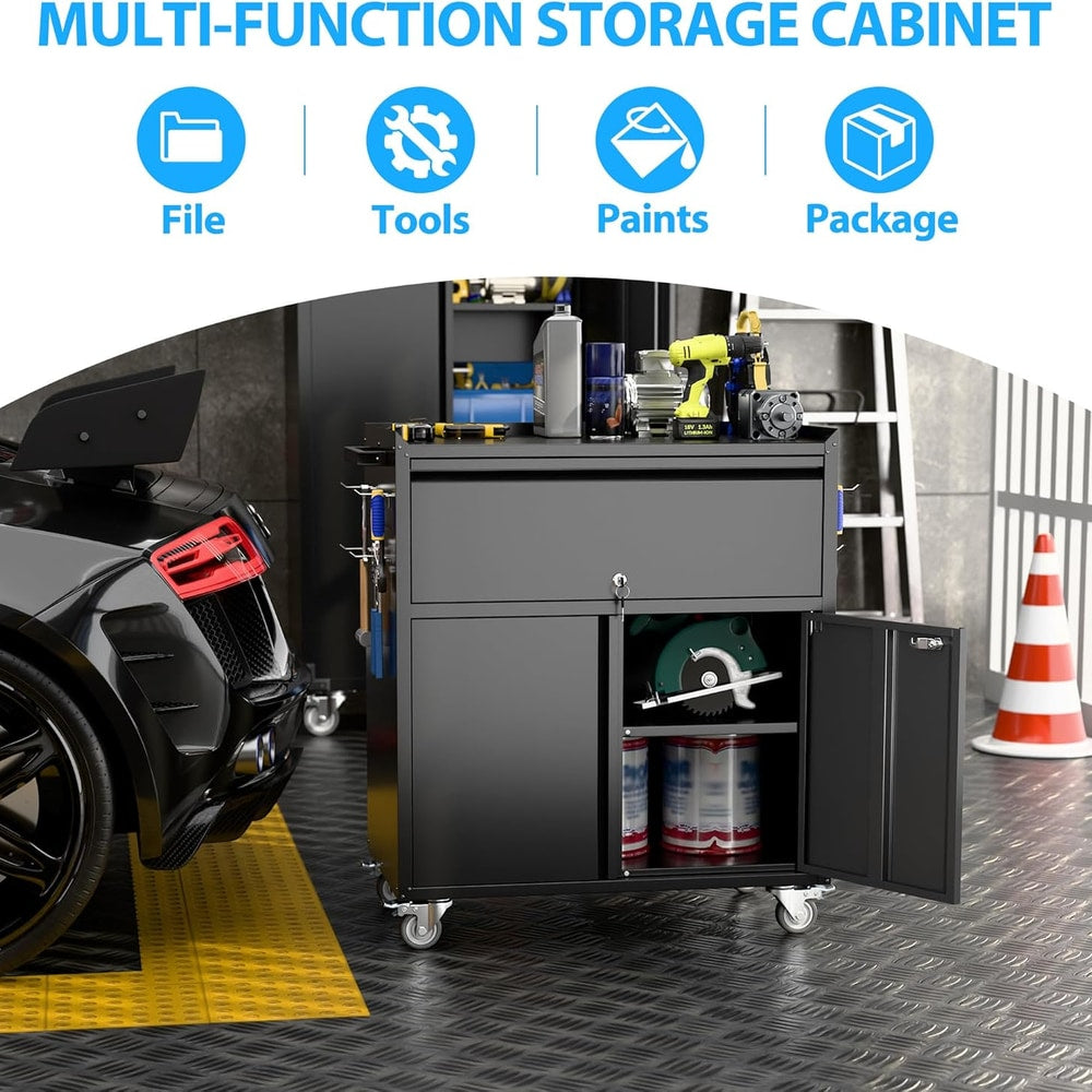 Metal Garage Storage Cabinet with Wheels and Pegboard, 35.4" H Lockable Tool Storage Cabinet with One Drawer, Adjustable Shelf and 4 Hooks for Garage, Warehouse, Black