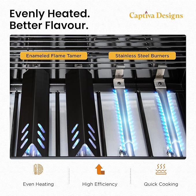 Captiva Designs 6-Burner Propane Gas BBQ Grill with Side Burner & Porcelain-Enameled Cast Iron Grate and Plate for Outdoor Barbucue Events, 52,000 BTU Output,740 SQ.IN. Cooking Area๏ผHeavy Duty