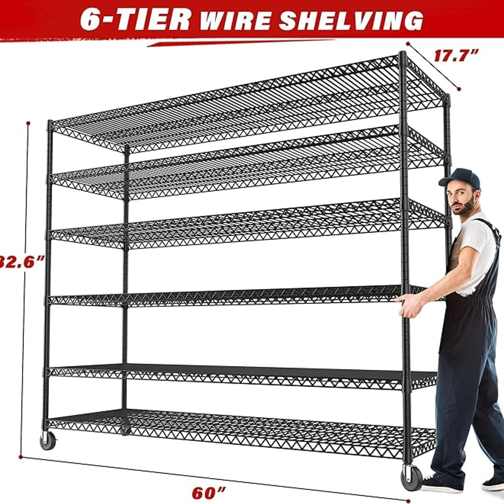 REIBII 60''W X 82.6" H Steel Heavy Duty Wire Shelving Unit with Wheels, 6-Tier Adjustable Storage Shelves 3598LBS Commercial Metal Shelves for Pantry, Garage, College Dorm Industrial Shelving, 2 Pack