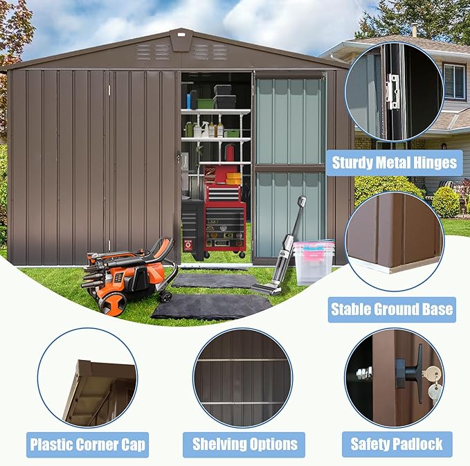 Domi Backyard Storage Shed 8.2’ x 6.2’ with Galvanized Steel Frame,Outdoor Garden Shed Metal Utility Tool Storage Room with Latches and Lockable Door for Balcony Lawn Poolside (Dark Brown)