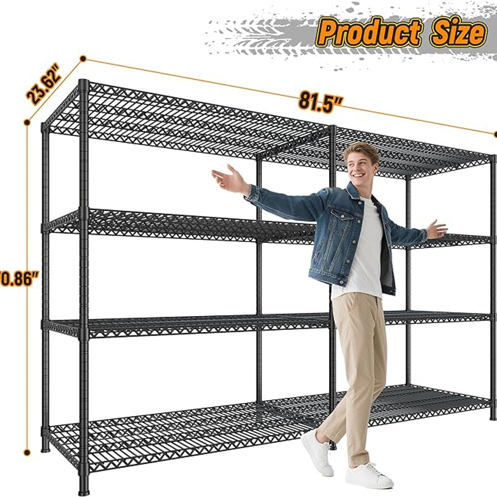 REIBII 81.5''W Storage Shelves 3680LBS Garage Shelving Heavy Duty 4 Tier Metal Shelving Unit Adjustable Wire Shelf and Storage Pantry Shelves for Kitchen Garage, 81.5Wx23.62Dx70.86H,Black, 2PCS