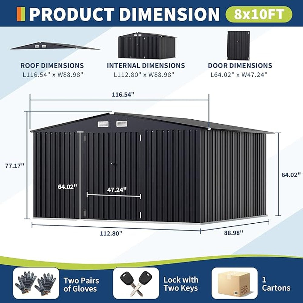 8x10 FT Metal Storage Sheds Outdoor with Floor, Metal Yard Sheds Garden Shed Kit, MetalTool Shed with Lockable Door, Metals UtilitySheds Buildings with Air Vent for Backyard Garden Patio Lawn