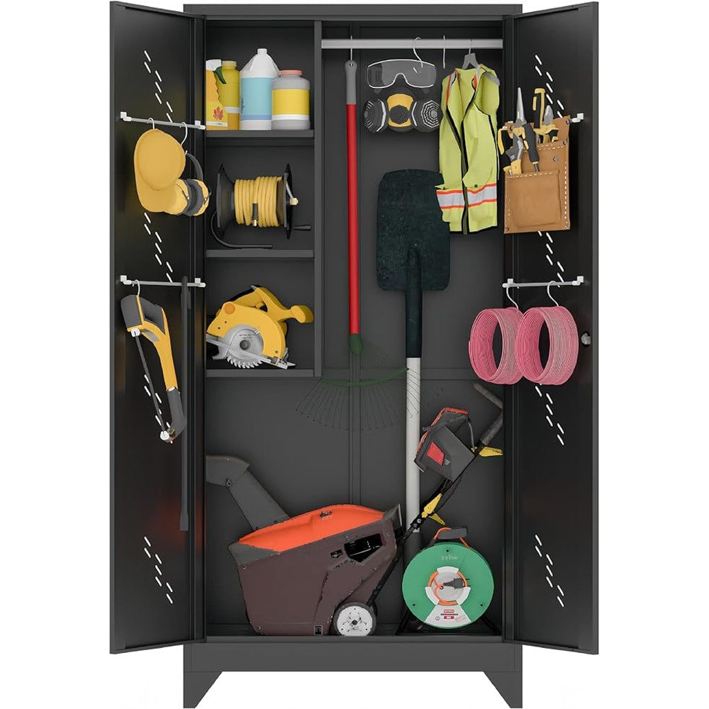 75" Metal Storage Cabinet, Tool Cabinets with Hooks, Garage Storage Cabinet with Lock, Heavy-Duty Tool Cabinet for Utility Room, Gym, Basement, Broom Closet Cabinet, Black