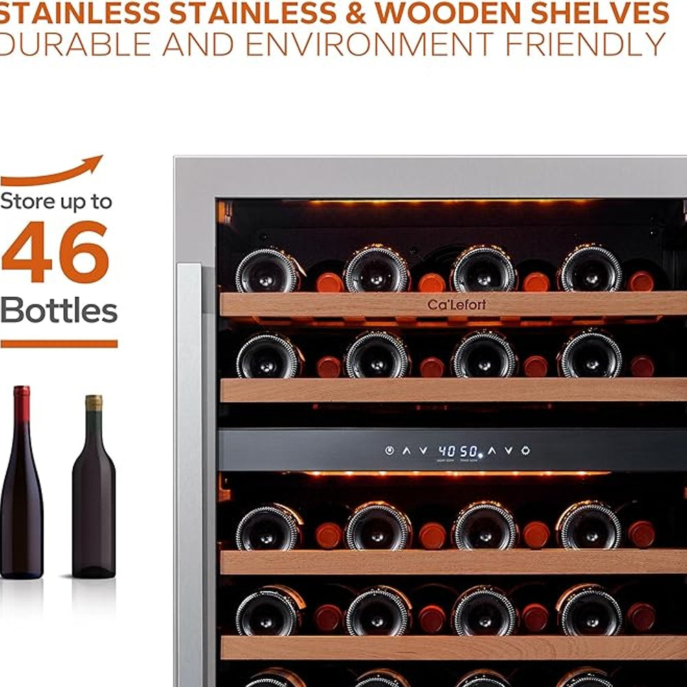 Ca'Lefort Wine Fridge & Cooler - 24 Inch 46 Bottle Wine Cooler Refrigerator, 40-65°F Dual Zone Wine Refrigerator Glass Door, 3 LED Built-in or Freestanding Fridge for Home/Bar/Kitchen (5.65 cu.ft)