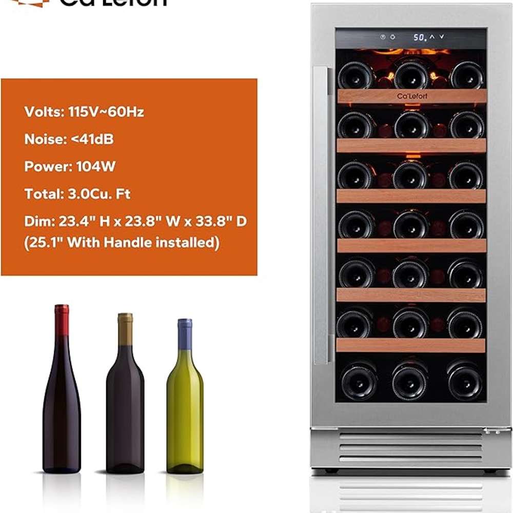 Ca'Lefort 15 Inch Wine Fridge, 33 Bottle Wine Cooler Refrigerator, 40-65°F Wine Refrigerator Glass Door, 3 LED Wine Fridge, Built-in or Freestanding Wine Fridge for Home/Bar/Kitchen (3.0 cu.ft)