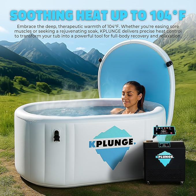 Kodiak 59" 1-Person Inflatable Cold Plunge Ice Bath or Hot Tub with 3/4 HP Chiller and Heater, PVC Insulated Lid, Hand Pump, Repair Kit, 110-Gallon Capacity, Indoor/Outdoor Tub ā Gray
