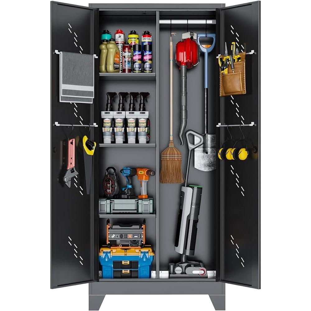 Metal Garage Storage Cabinet with Locking Doors, 71" Tall Broom Closet Storage Cabinet, Heavy Duty Garage Organization Cabinets, Steel Cabinet with Hanging Rod, Assembly Required