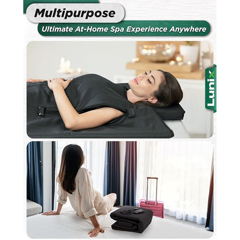 Lunix LX17 Infrared Sauna Blanket for Home, Portable Sauna for Detox, Pain Relief & Recovery, Adjustable 77–176°F Far Infrared Heat with Head Pillow, Detox Wrap & Hot Cold Gel Pack – Jet Black