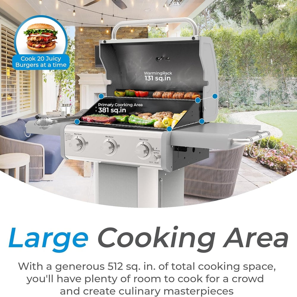 Kenmore 3-Burner Propane BBQ Grill, 30,000 BTUs Gas Grill with Cast Iron Cooking Grates, Folding Side Tables & Wheels, Outdoor Grill with Tool Hooks, Pearl White + Bonus Cover