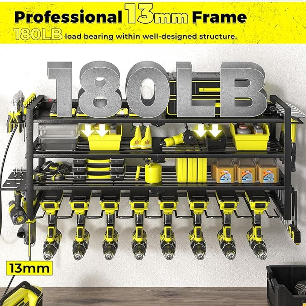 KAFAHOM Power Tool Organizer with Charging Station.Garage 8 Drill Holder Built in 8 Outlets Power Strip,Tool Storage Shelf Wall Mount,Tool Battery Organizer with Screwdriver/Hammer/Air Tool Rack