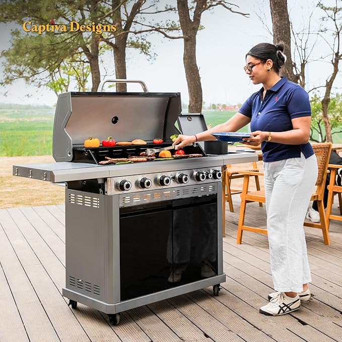 Captiva Designs 6-Burner Propane Gas BBQ Grill with Side Burner & Porcelain-Enameled Cast Iron Grate and Plate for Outdoor Barbucue Events, 52,000 BTU Output,740 SQ.IN. Cooking Area๏ผHeavy Duty