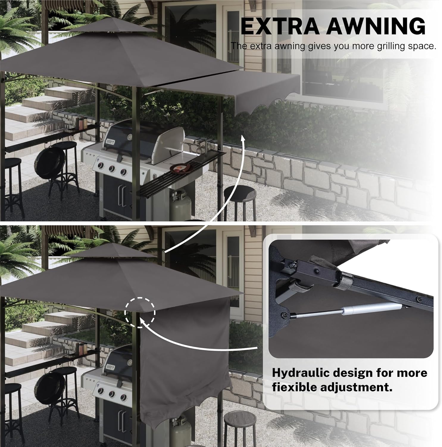 MASTERCANOPY 11 x 5 Grill Gazebo with Extra Side Awning Outdoor BBQ Gazebo with 2 LED Lights for Patio Party Backyard Picnic(Dark Gray)