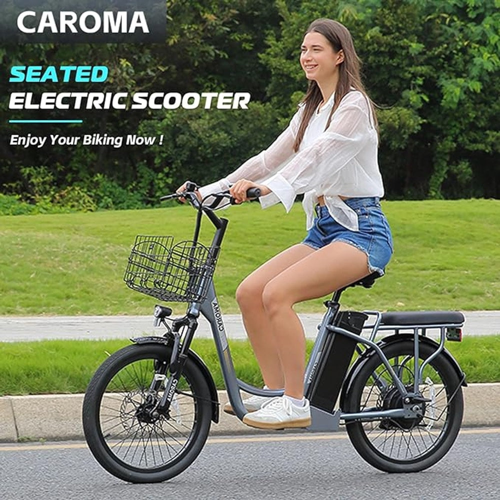 Caroma Electric Scooter with Seat, 48V Removable Battery E-Bike, Up to 30Miles&20MPH, 500/800/1200W Motor, 20" Fat Tire Adult Electric Bicycles for Commuting with Basket
